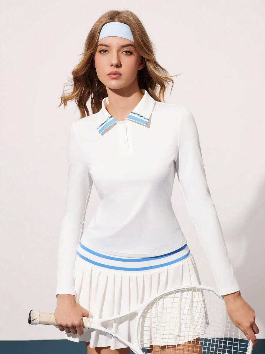 CourtClass Casual Versatile White Button Collar Contrast Blue Stripe Design Slim Fit Long Sleeve Sports Polo Shirt - White - View 1