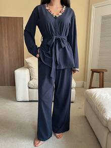 DAZY Women's Floral Embroidery Trim Sleepwear Set, Autumn/Winter - Navy Blue - View 5