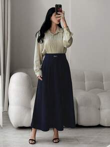 Modelyn New Korean OL Style High Waist Pleated A-Line Long Skirt - Navy Blue - View 4