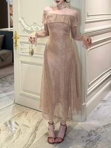 DAZY Women's Elegant Party Glitter Off Shoulder Ruffle Midi Dress Spring - Champagne - View 7