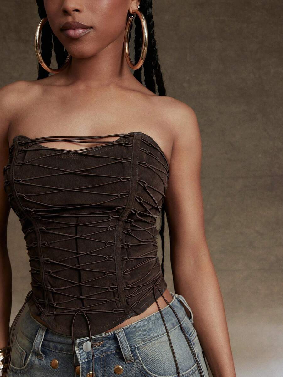 Denimoi Washed Denim Velvet Affect Lace Up Corset Top - Coffee Brown - View 1