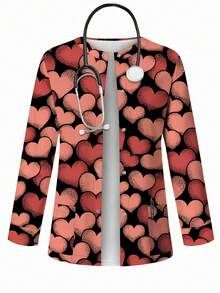 PopScrub Women's Casual Heart Print Cardigan Jacket, Suitable For /Nursing Uniforms, Spring/Summer Valentine's Day - Multicolor - View 1