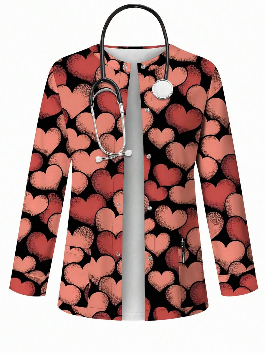 PopScrub Women's Casual Heart Print Cardigan Jacket, Suitable For /Nursing Uniforms, Spring/Summer Valentine's Day - Multicolor - View 1