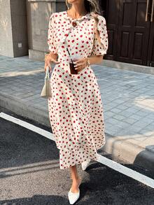 SHEIN PariChic Women's Round Neck Puff Sleeve Polka Dot Fashionable Summer Dress Elegant Floral Dress Women - White - View 5