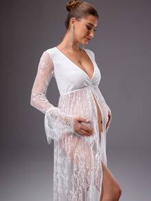 MaterniChic 孕妇纯色简约蕾丝拼接连衣裙，日常穿着 - 白色 - 查看 4