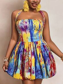 BamGleam Summer New Tie-Dye Print Halter Backless Bodycon Mini Dress, Sexy Beach Vacation Dress For Women - Multicolor - View 6