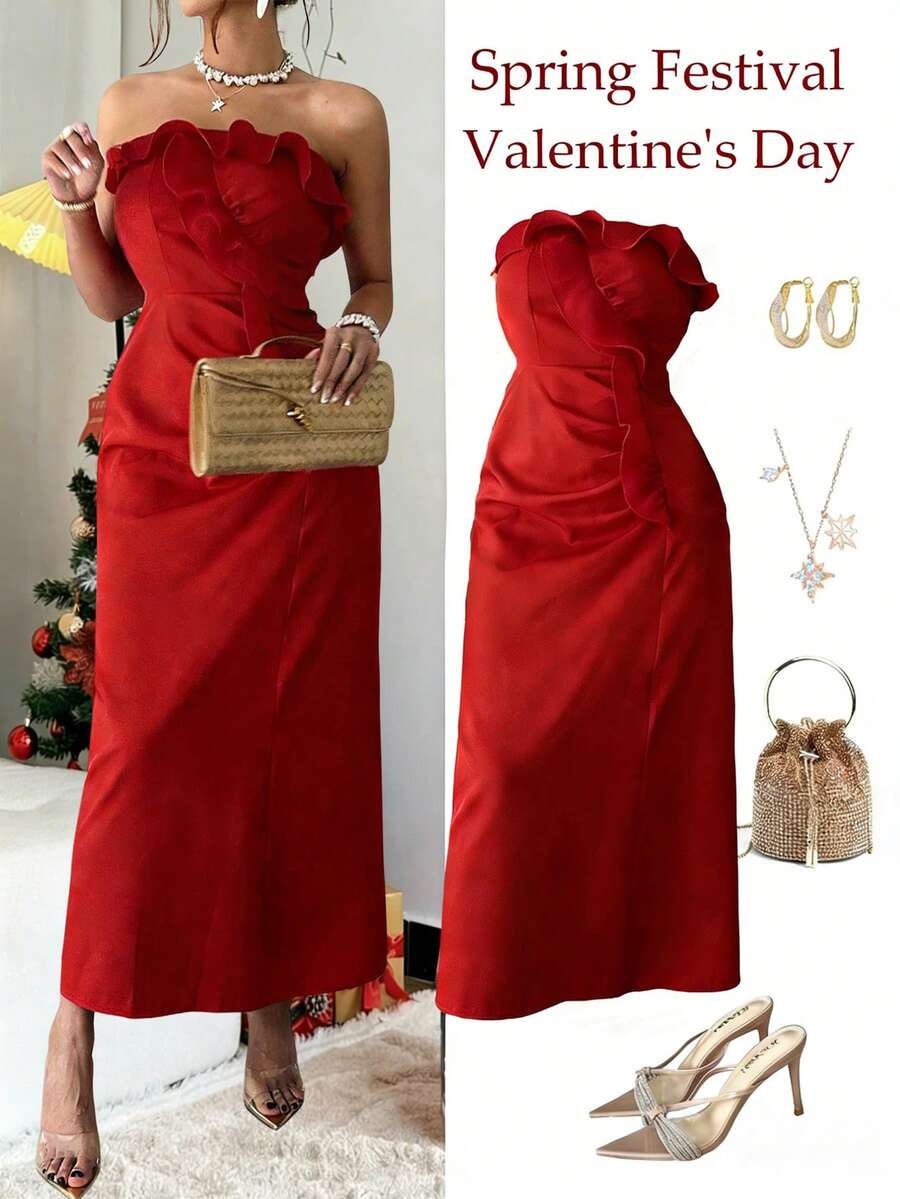 Rafferiza 女士长款无肩带连衣裙，正面饰有荷叶边，侧边有褶裥，适合日常通勤、优雅派对、情人节、情侣约会、新年假期等场合。 - 紅色 - 查看 1