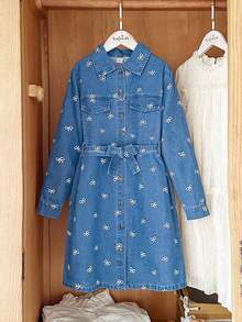 SHEIN Girls' Spring & Autumn Lapel Long Sleeve Fashionable Western-Style Washed Denim Dress, Suitable For Attending Friend Gatherings, Traveling, And Leisure Wear - Blue - View 4