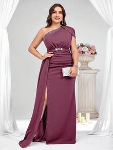 Coutiva Đầm dạ hội cỡ lớn dành cho nữ, đính đá lấp lánh, xếp ly, xẻ tà cao. - Bụi hồng - Xem 5