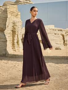 Graceveil 女士纯色V领长袖优雅长裙 - 棕色 - 查看 6