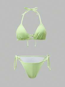 Swim Oasis 26SS 女士春夏沙滩套装，三件套泳衣，优雅性感社交名媛复古波西米亚风，饰有流苏，精致流苏配饰，系带比基尼套装搭配裹身网纱裙，高端套装，牛油果绿，性感奢华，优雅知性，适合沙滩、度假、派对、日常穿着 - 薄荷綠 - 查看 4