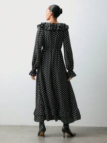 Maija 黑白波点荷叶边下摆浪漫情人节派对长袖连衣裙，女士秋冬款 - 黑與白 - 查看 4