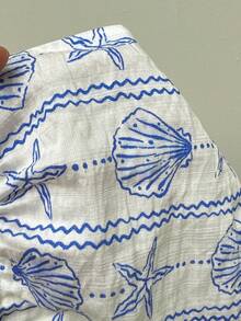 Sunnyshic Bộ đồ 2 mảnh gồm áo crop top cổ chữ V khoét sâu và quần ống rộng cạp cao họa tiết sao biển xanh và vỏ sò, thích hợp cho nữ mùa xuân/hè, đi nghỉ mát, dự tiệc, phong cách vintage tối giản, đa năng. - Màu xanh lam - Xem 8