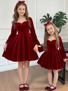 SHEIN Serisse Kids Tween Girl's Elegant Velvet Sweetheart Collar Ruched Flare Sleeve Cinched Waist Wine Red Dress, Suitable For Weekend, Casual Outing, Graduation Dance,  Velvet Dress, Long Sleeve Velvet Dress,  Burgundy Velvet Dress - Burgundy - View 1