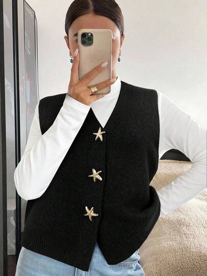 Siren Gaze Chaleco de mujer de unicolor con cuello en V y decoración de hebilla metálica con estrella de cinco puntas