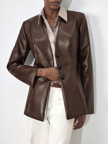 Maija Women's Autumn/Winter Oblique Shoulder Cinched Waist PU Leather Urban Chic Commuter Business Casual Elegant Jacket, Suitable For Christmas, New Year Party And Gathering - Brown - View 2