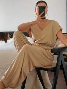 DAZY 女士极简V领收腰针织连体裤，家居服