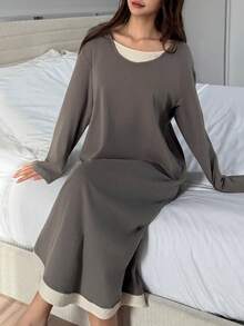 DAZY 极简撞色二合一宽松中长款女士睡裙 - 灰色 - 查看 1