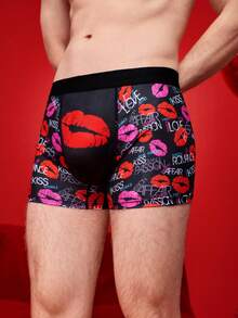 Notgurli Valentine's Day Lip Print Romantic Contrast Color Cartoon Graffiti Comic Street Style Family Party Men's Mid-Rise Briefs, Romantic Gift - Black - View 7