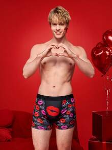 Notgurli Valentine's Day Lip Print Romantic Contrast Color Cartoon Graffiti Comic Street Style Family Party Men's Mid-Rise Briefs, Romantic Gift - Black - View 8