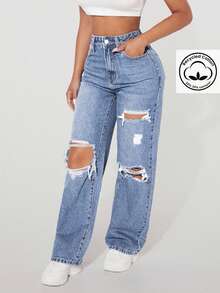 SHEIN PETITE Women's Casual Washed Distressed Straight Leg Jeans - Blue - View 3