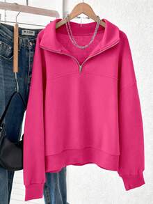 Lalippa 女士宽松拉链卫衣 - 玫紅色 - 查看 3