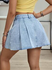 SHEIN Tall 高挑单排扣百褶纯色休闲牛仔裙 - 淺色水洗藍 - 查看 2