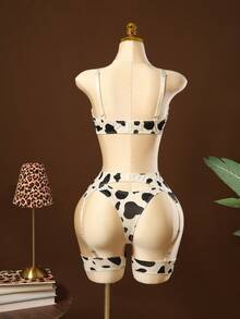 5pcs/Set Women's Sexy Cow Print Lingerie Set ClassicAnimalPrint - Black and White - View 2