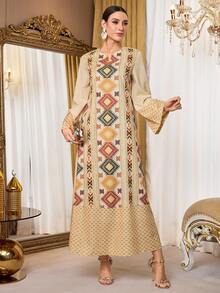 Al Najma Women's Geometric Print Long Sleeve Loose Casual Arabic Style Dress Kaftan Jalabiya Dress - Brown - View 2