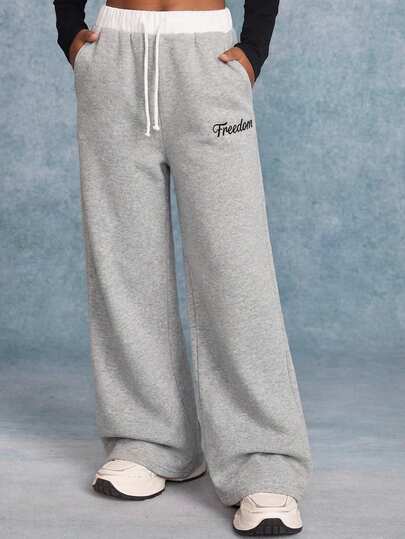 SHEIN Pantalón de chándal informal con cordón y estampado de letras en bloques de color para niña preadolescente