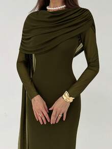 Aloruh Women's Elegant Ruffle Tie Long Dress, Autumn - Army Green - View 6