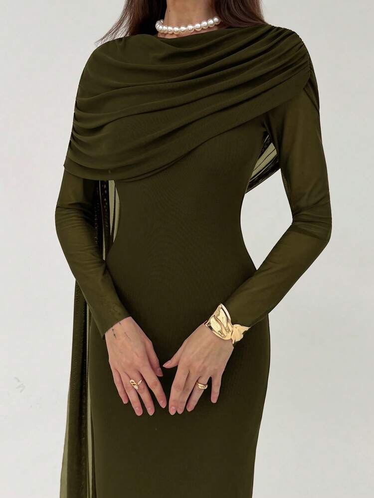 Aloruh Women's Elegant Ruffle Tie Long Dress, Autumn - Army Green - View 6