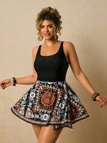 Travachic 大码女式黑色拼接印花连体泳衣 - 黑色 - 查看 5