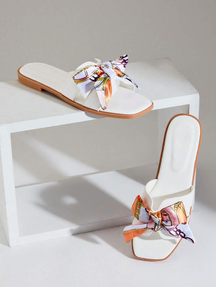 SHUZIA Sandal đế bằng nữ thanh lịch trang trí ruy băng - trắng - Xem 1