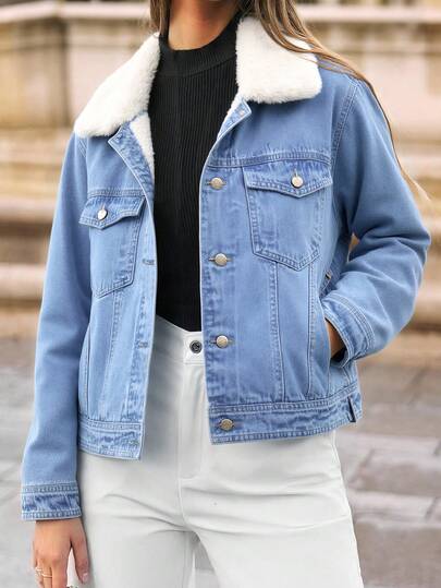 Chaqueta vaquera - tres estilos, chaqueta vaquera con borlas de cadena plateada a ambos lados de la cremallera, chaqueta vaquera con cuello de peluche blanco empalmada en el escote