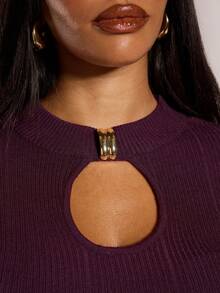 Normani Women's Dark Purple Elegant Hollow Out Metal Buckle Decor Fitted Mini Sweater Dress,Autumn Chic Night Out Solid Winter Party Birthday Clothes - Burgundy - View 6