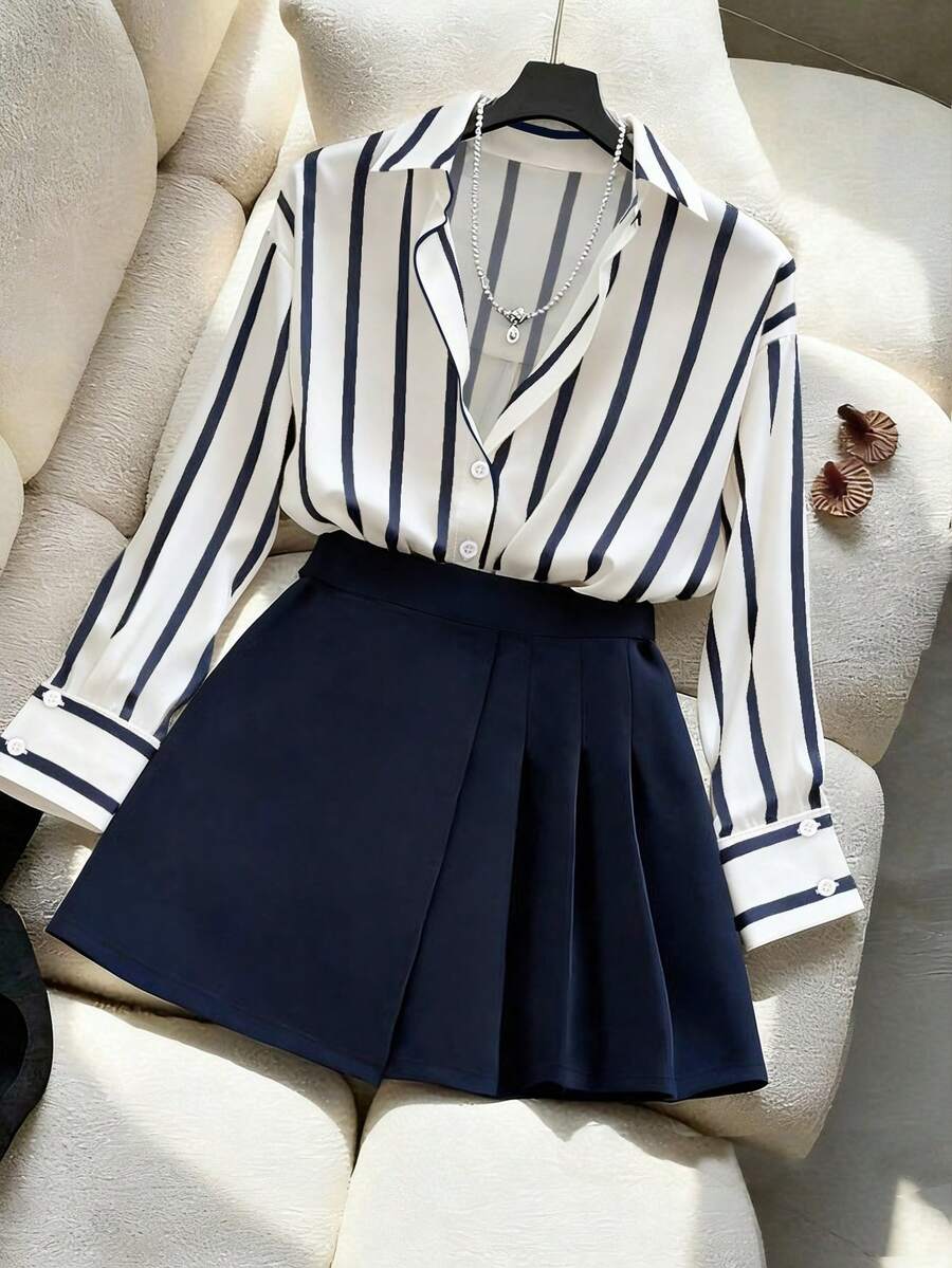 SHEIN Tall CURVE Bộ đồ hai mảnh dệt kim cỡ lớn, thanh lịch, thích hợp cho đi làm vào mùa xuân và mùa thu. - Màu xanh hải quân - Xem 1