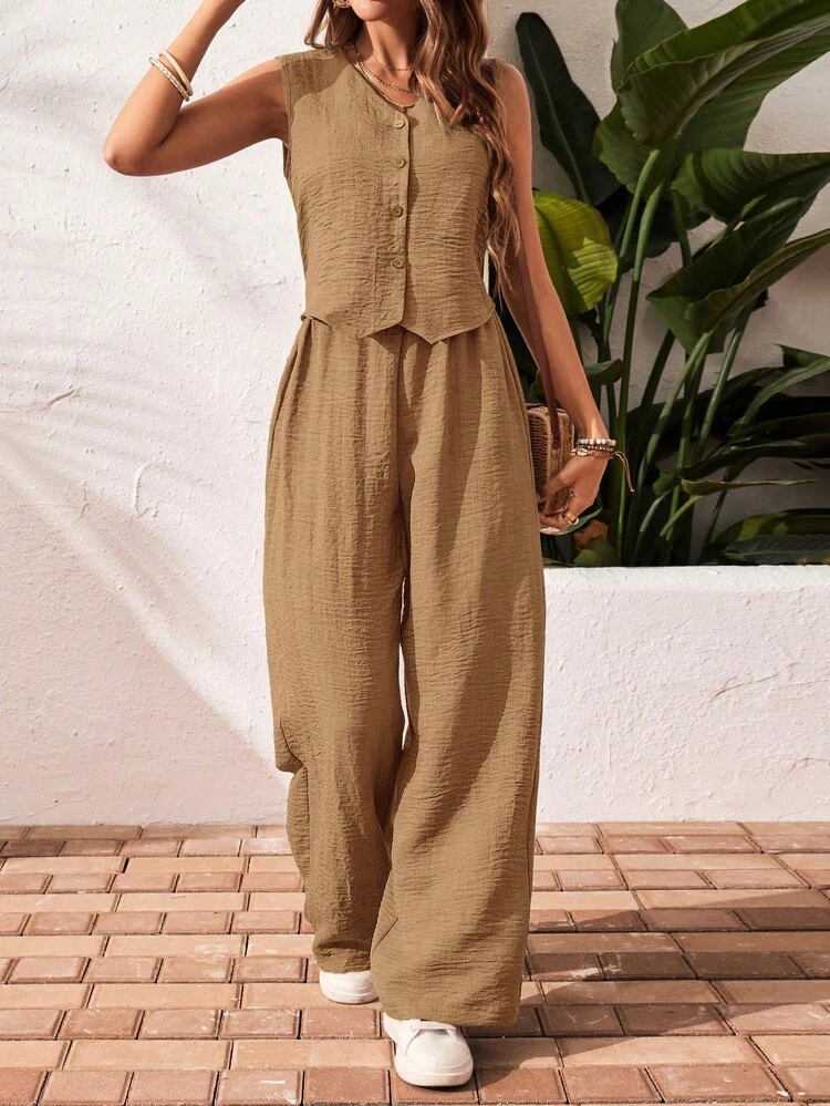 SHEIN Frenchy 2pcs/Set Solid Color V-Neck Front Button Sleeveless Top And Pants, Casual - Camel - View 1