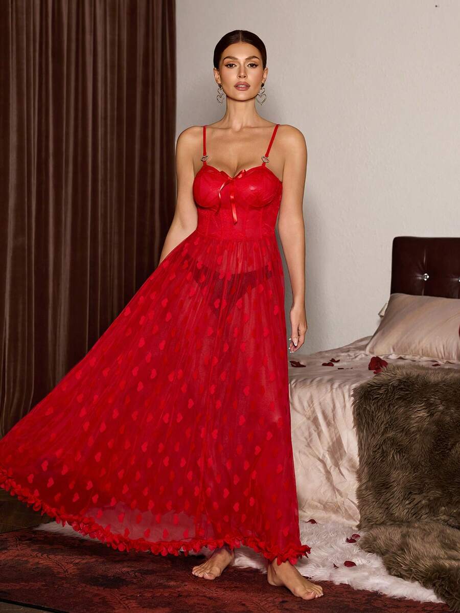 Slumberist Sexy Women's 3D Floral Heart Lace & Mesh Patchwork Nightgown Red Lingerie Dress Red Dresses For Women Red Night Gown Spaghetti Strap Lace Night Gown - Red - View 1