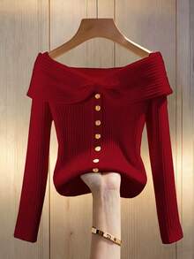 Franclia 女士纯色杏色针织弹力修身罗纹领蝴蝶结纽扣装饰长袖露肩T恤，休闲法式优雅杏色上衣，秋冬季百搭日常穿着 - 紅色 - 查看 1