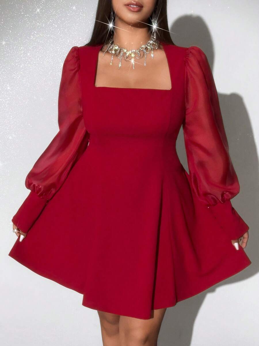 Viva Relle Đầm dài tay phồng cổ vuông gợi cảm cỡ lớn - Đỏ - Xem 1