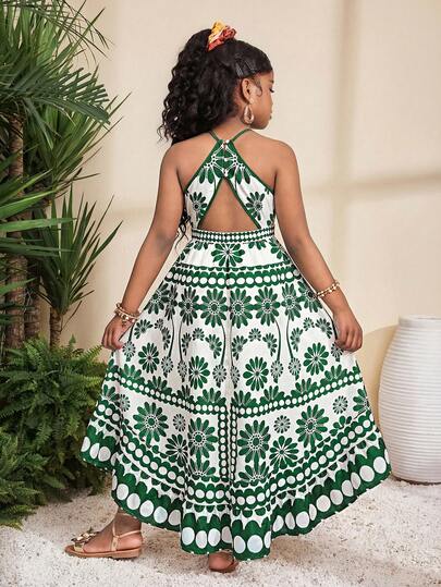 SHEIN Vestido casual de vacaciones para niñas preadolescentes con estampado floral tropical, tirantes finos, espalda descubierta, bajo asimétrico, fruncido y patchwork