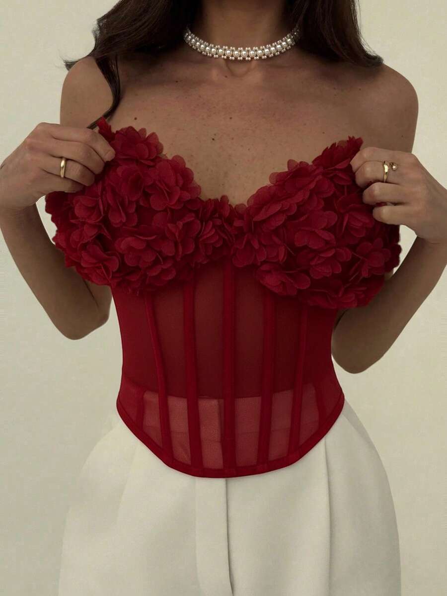 Aloruh 3D Floral Trim Fitted Bandeau Top For Women - Red - View 1