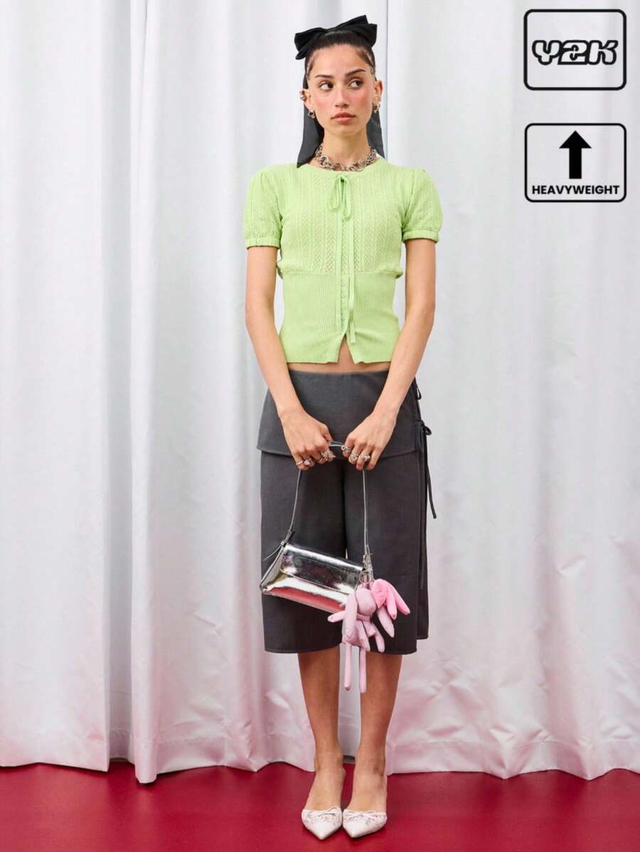 COUREZ Puff Sleeve Front Tie Knit Top /Y2K  Women Clothes  Clothes Cute Tops  Tops Going Out Tops Tie Front Top - Yellow - View 1