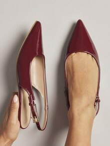 SHUZIA 女士尖头搭扣露跟平底鞋，酒红色 - 光泽柔和的优雅，打造日常时尚造型 - 酒紅色 - 查看 3