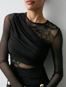 Maija Áo thun đen phối ren cho nữ, thích hợp cho tiệc Valentine, Giáng sinh, Năm mới, áo dự tiệc, kiểu dáng độc đáo, mùa hè, ren cổ điển, phong cách tiên phong, tay dài, áo xuyên thấu đen thanh lịch. - màu đen - Xem 7