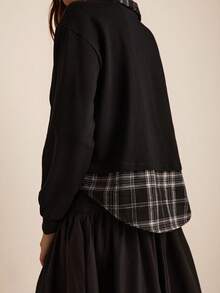 SHEIN EZwear Contrast Tartan Print Collar & Hem Sweatshirt,Long Sleeve Tops In Fall/Winter - Black - View 6