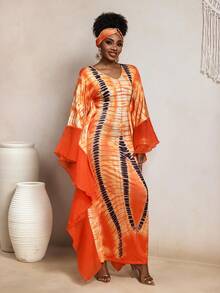 SHEIN BamGlam 这是一款新款V领长袖连衣裙，采用民族风扎染印花。它是一款长袖网纱印花连衣裙，带有复古长袍图案。侧边饰有网纱。适合搭配中东长袍，也适合节日穿着。 - 橘色 - 查看 6