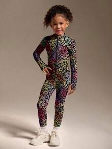 SHEIN Young Girls 2pcs Active Jacket & Leggings Set, Cute Black Floral Leopard Print, High Stretch Comfortable Fabric, Slim Fit, Suitable For Running, Fitness, Tennis, Badminton - Multicolor - View 3