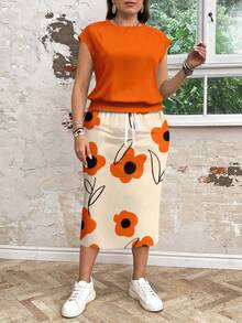SHEIN LUNE 母亲节休闲简约橙色碎花宽松圆领两件套，适合大码女性，春夏皆宜